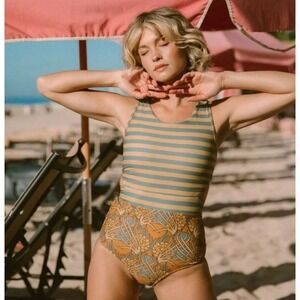 Striped Green and Gold Women Swim One Piece